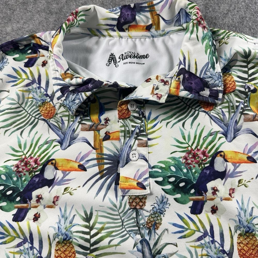 Royal & Awesome Polo Shirt Mens M White Tropical Toucan Pineapple Golf DEW283
